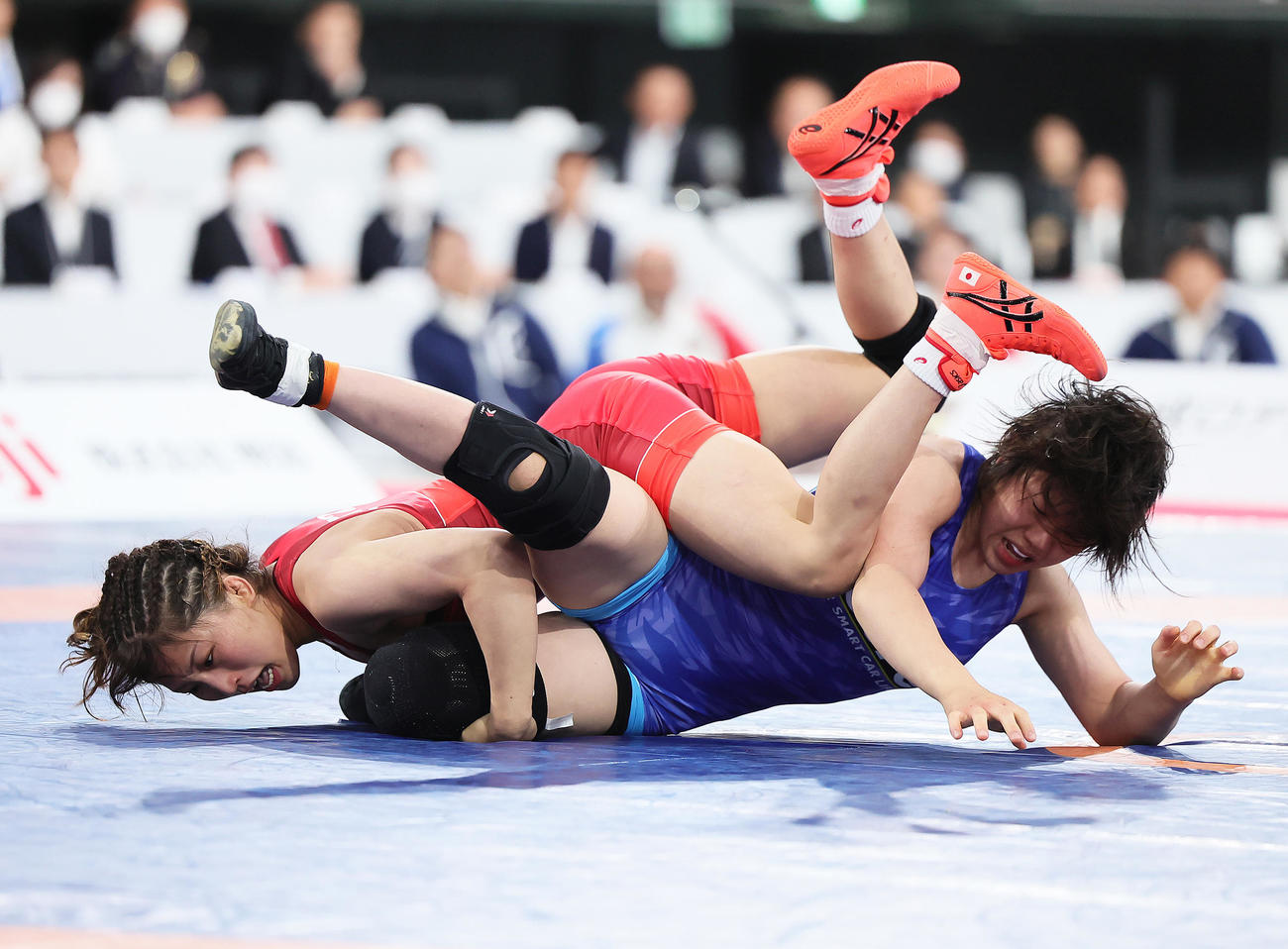 女子50キロ級決勝　須崎（左）は吉元を攻める（撮影・足立雅史）