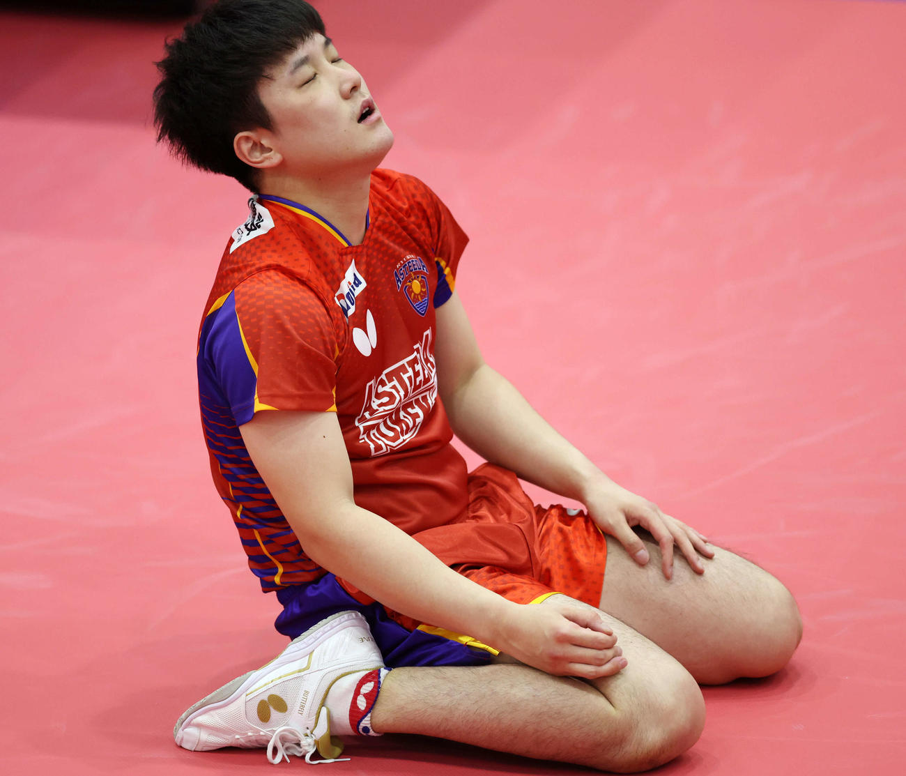 男子シングルス準々決勝　有延大夢に勝利し、座り込む張本智和（撮影・宮地輝）