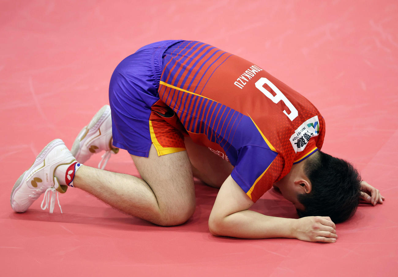 男子シングルス準々決勝　有延大夢に勝利し、床にはいつく張本智和（撮影・宮地輝）