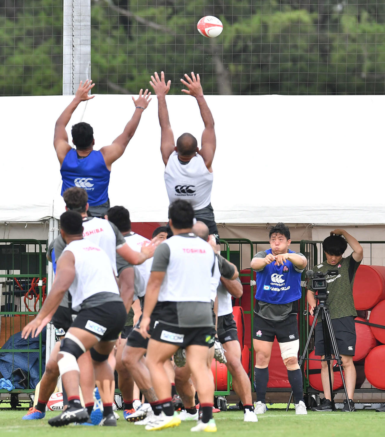 ラインアウト練習でボールを投げ入れるラグビー日本代表のHO坂手淳史（撮影・岩下翔太）