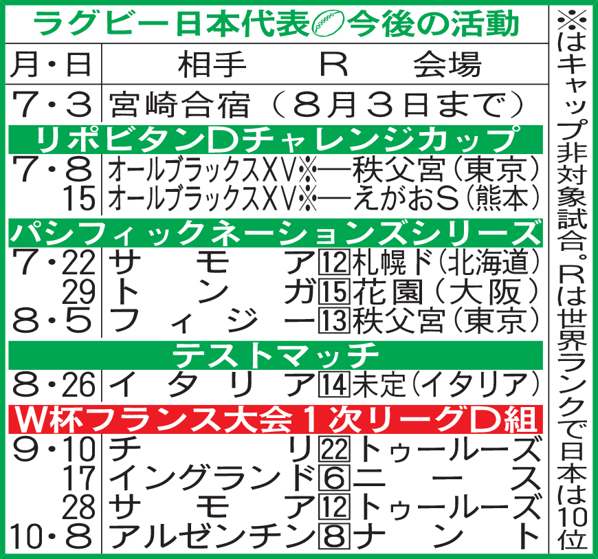 ラグビー日本代表　今後の活動
