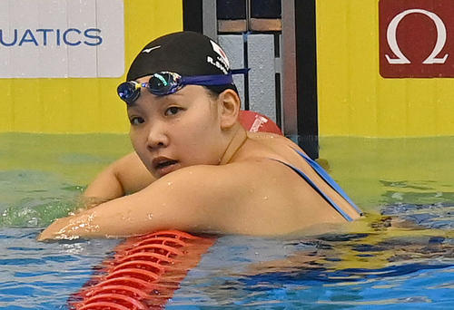 世界水泳2023福岡大会第11日　女子100メートル背泳ぎ予選、予選落ちとなった白井璃緒（撮影・岩下翔太）
