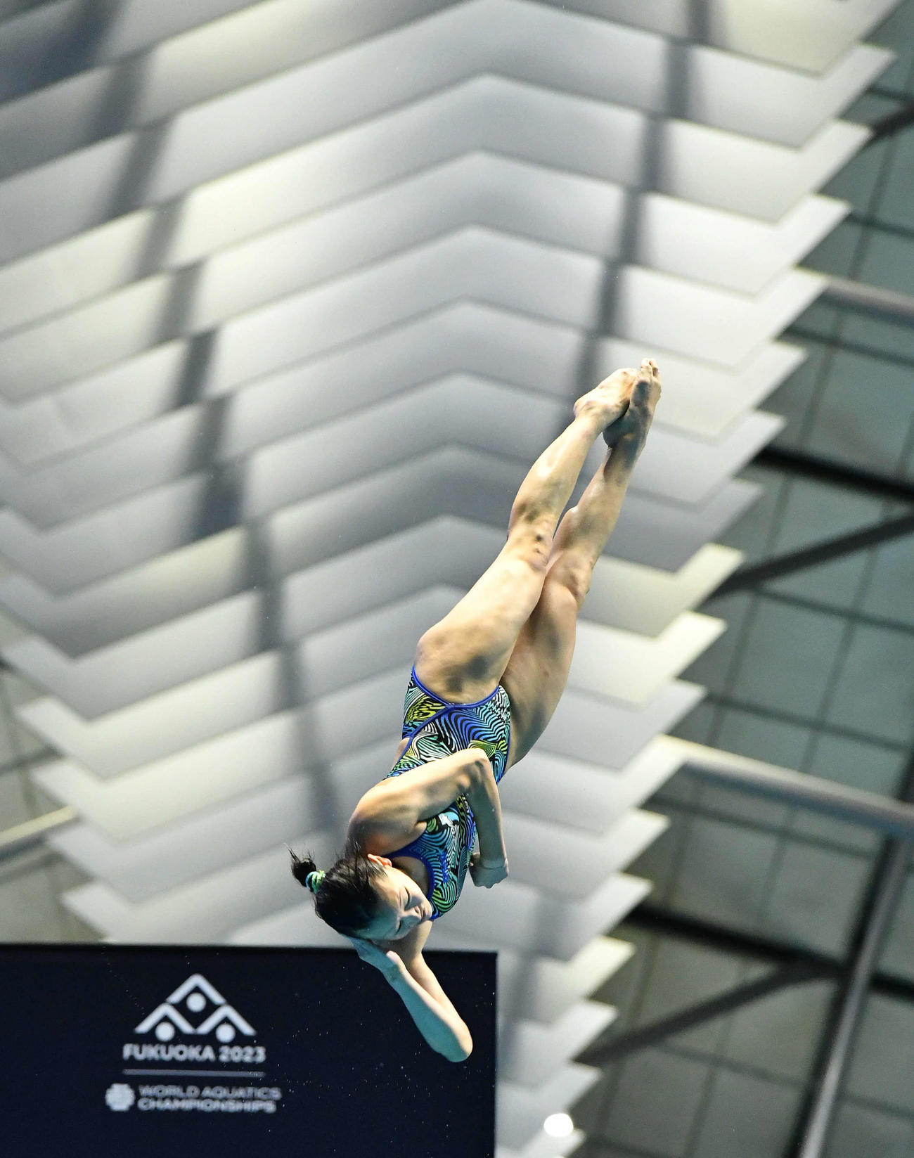 女子3メートル飛板飛び込み予選、4本目の演技を行う三上紗也可（撮影・岩下翔太）