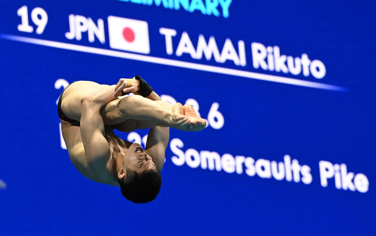 世界水泳2023福岡大会第8日　男子高飛び込み予選、2本目の演技を行う玉井陸斗（撮影・岩下翔太）