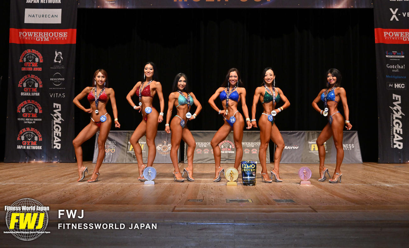 ボディメイクコンテスト「MOLA CUP」に出場したカーリング女子ロコ・ソラーレの藤沢五月（左から5人目）（FWJ提供）
