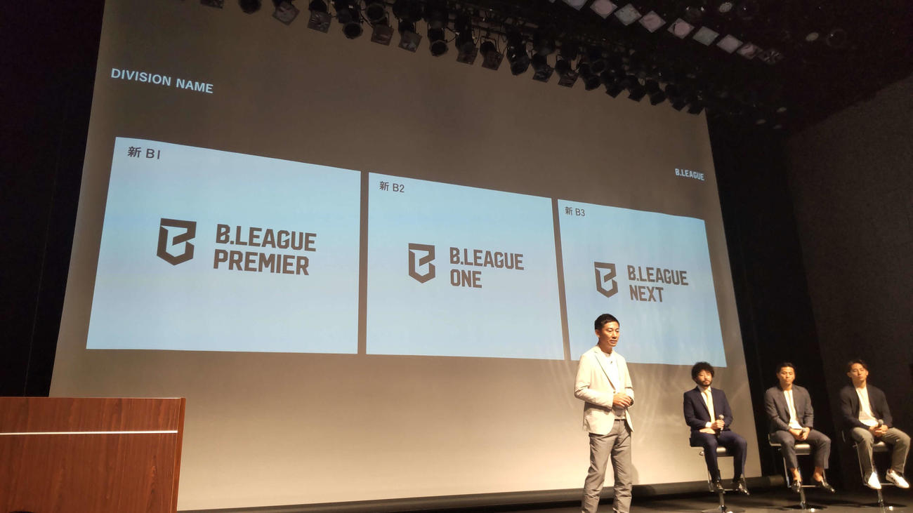 Bリーグの新しいカテゴリーの名称を発表する島田チェアマン