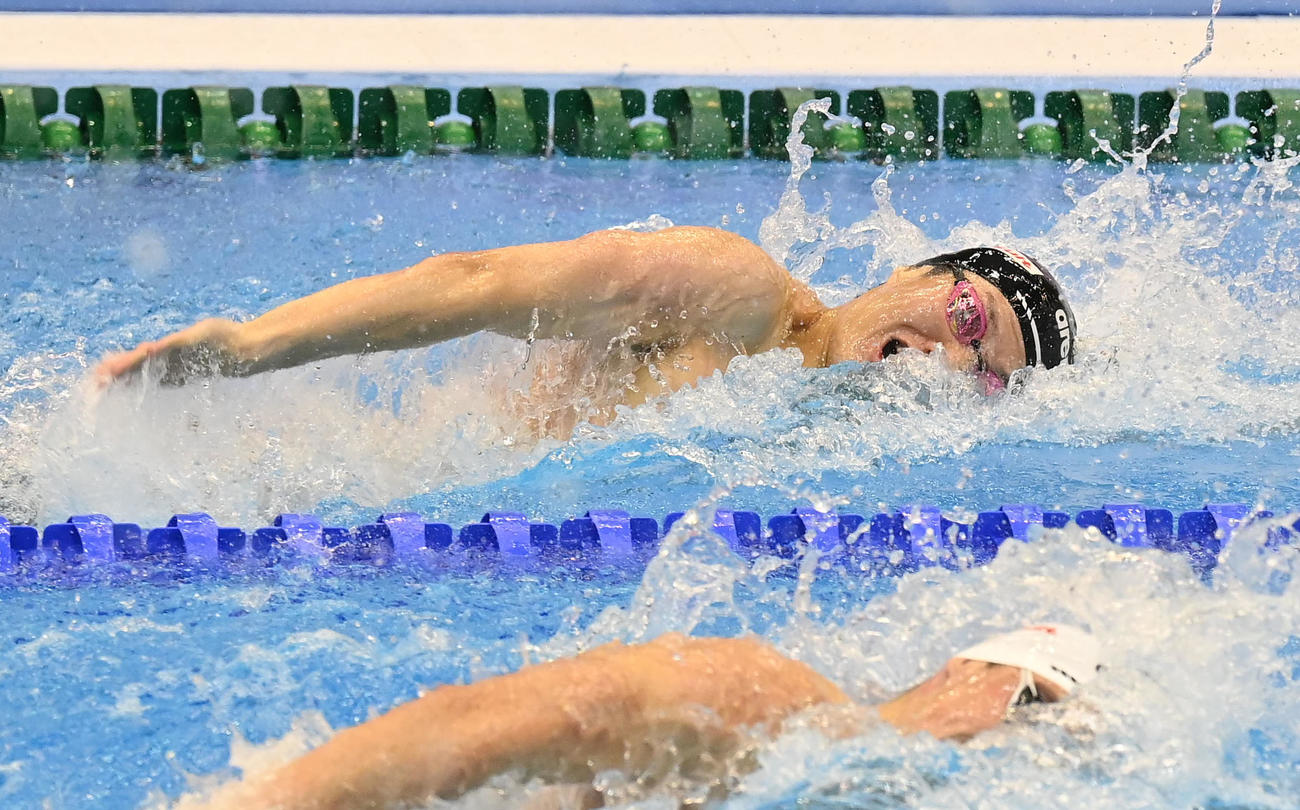 世界水泳2023福岡大会第16日　混合4×100メートルリレー予選、第1泳者の五味智信（撮影・岩下翔太）