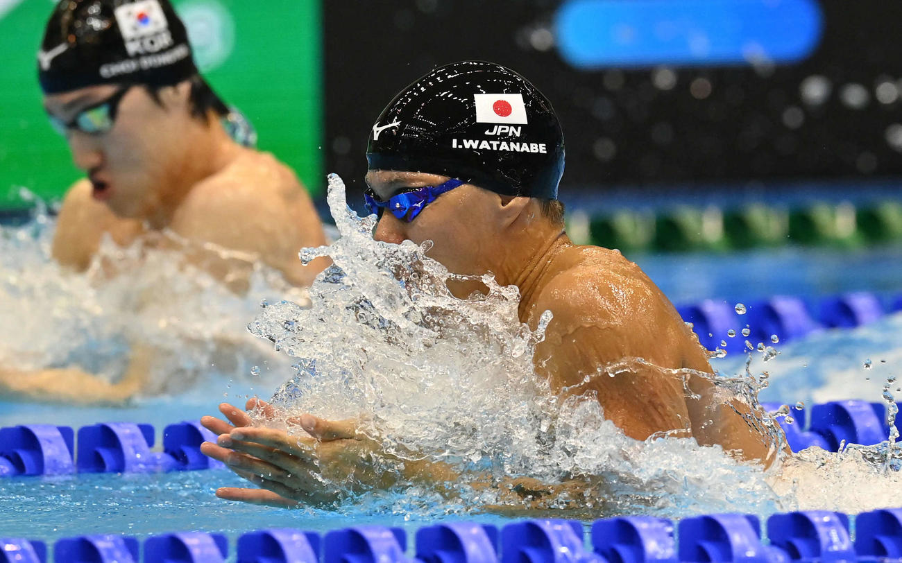 世界水泳2023福岡大会第17日　男子400メートルメドレーリレー予選、第2泳者の渡辺一平（撮影・岩下翔太）