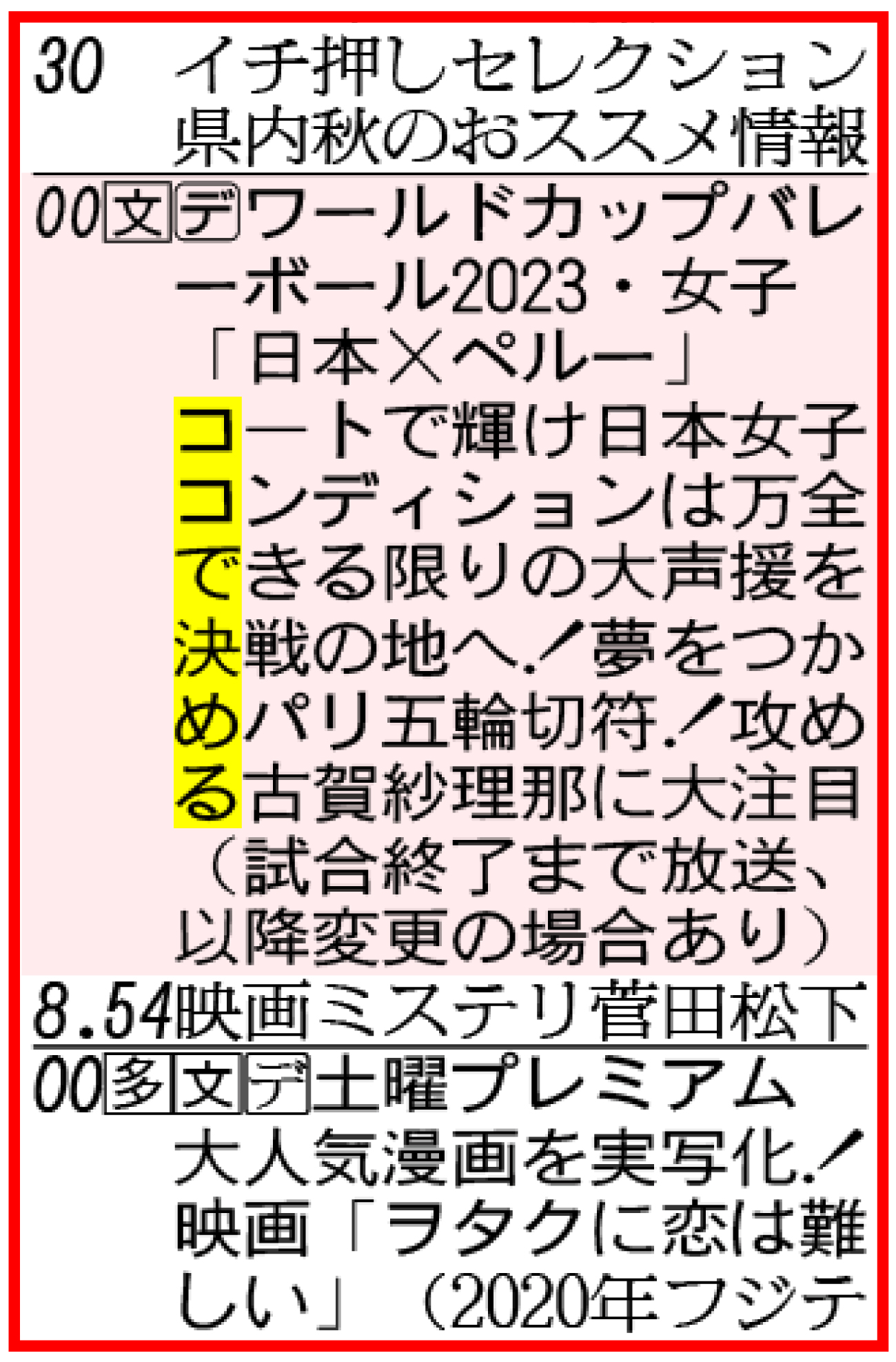 【イラスト】番組表の女子W杯バレーの日本－ペルーの欄