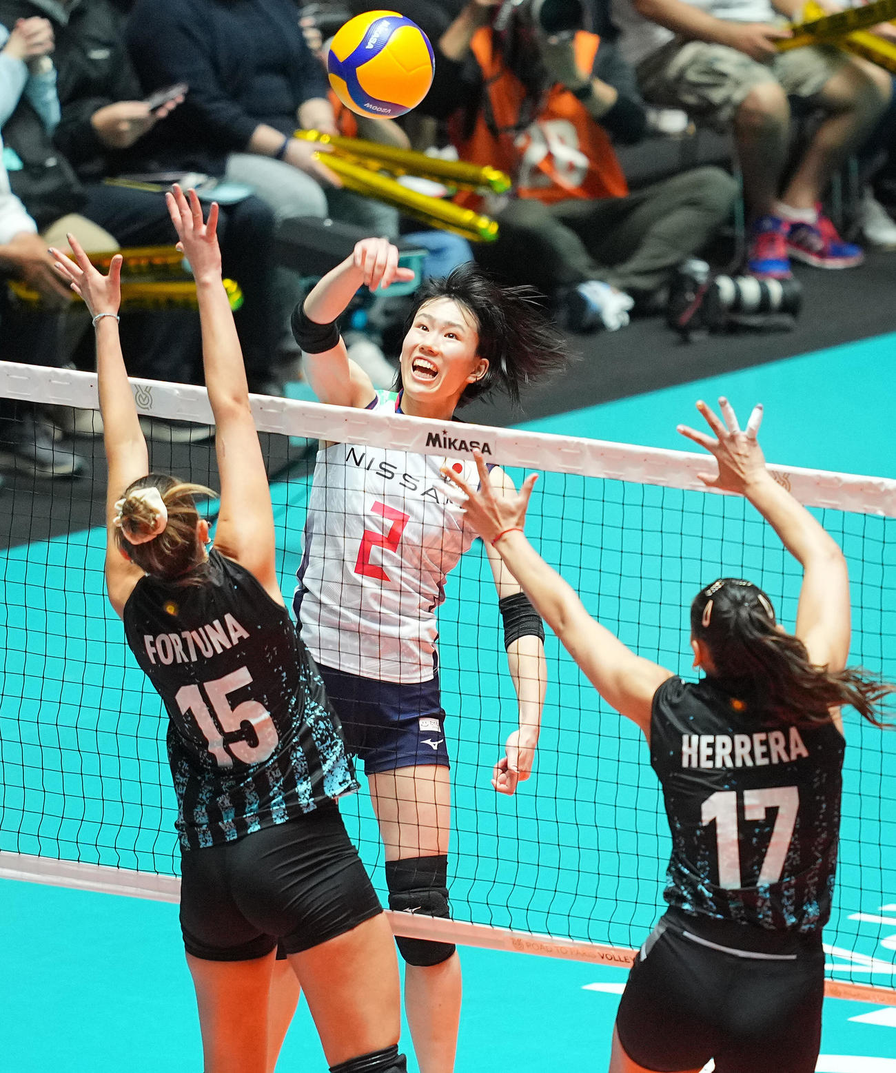 日本対アルゼンチン　第3セット、スパイクの動作から意表を突く林（撮影・垰建太）