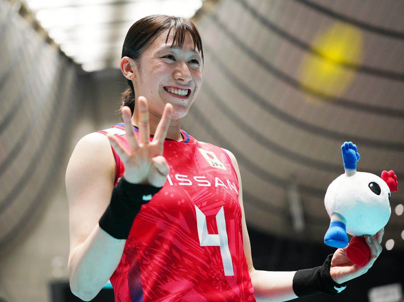 日本対ブルガリア　4連勝を決め笑顔を見せる石川（撮影・横山健太）