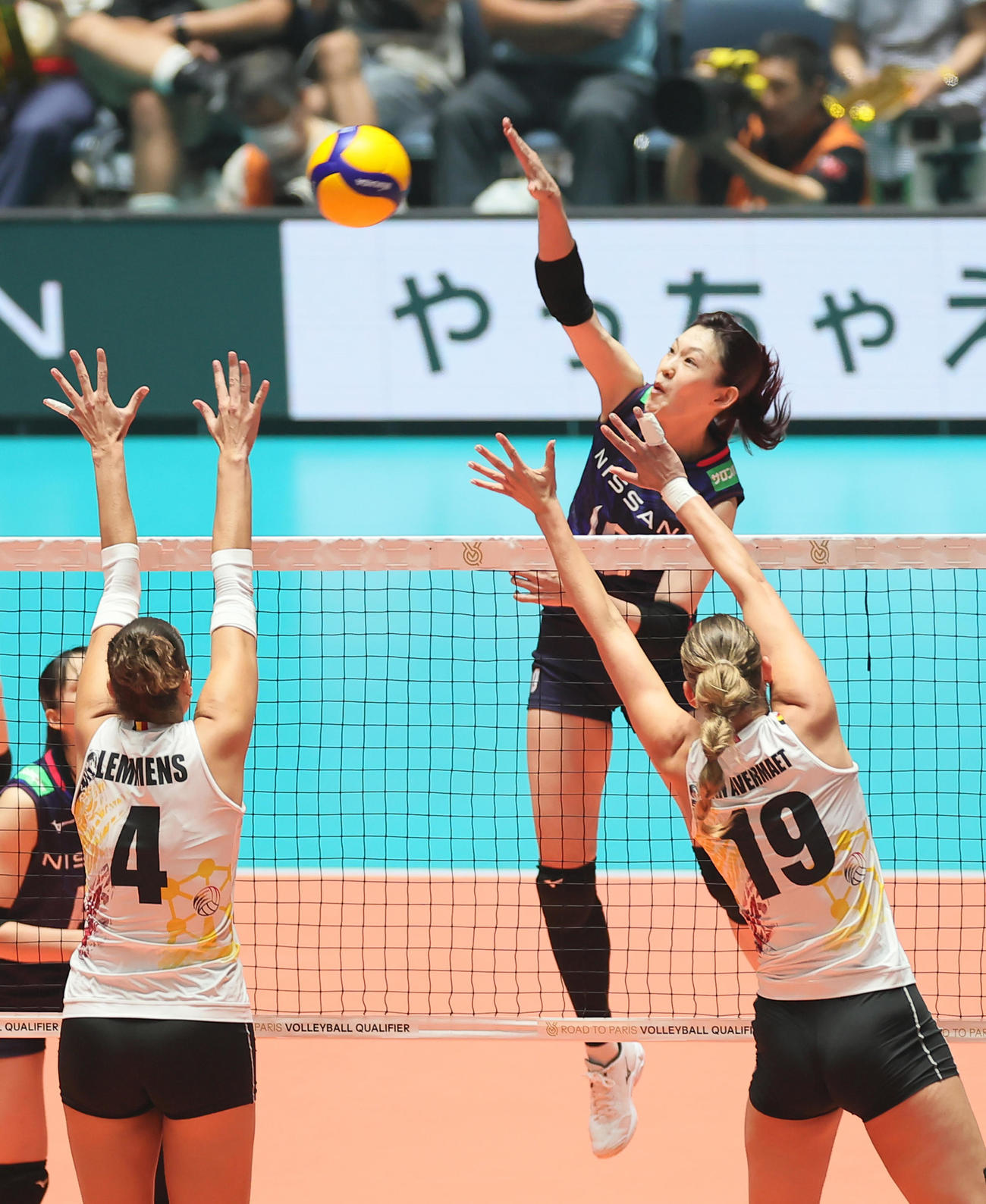 日本対ベルギー　第1S、スパイクを決める井上（撮影・足立雅史）
