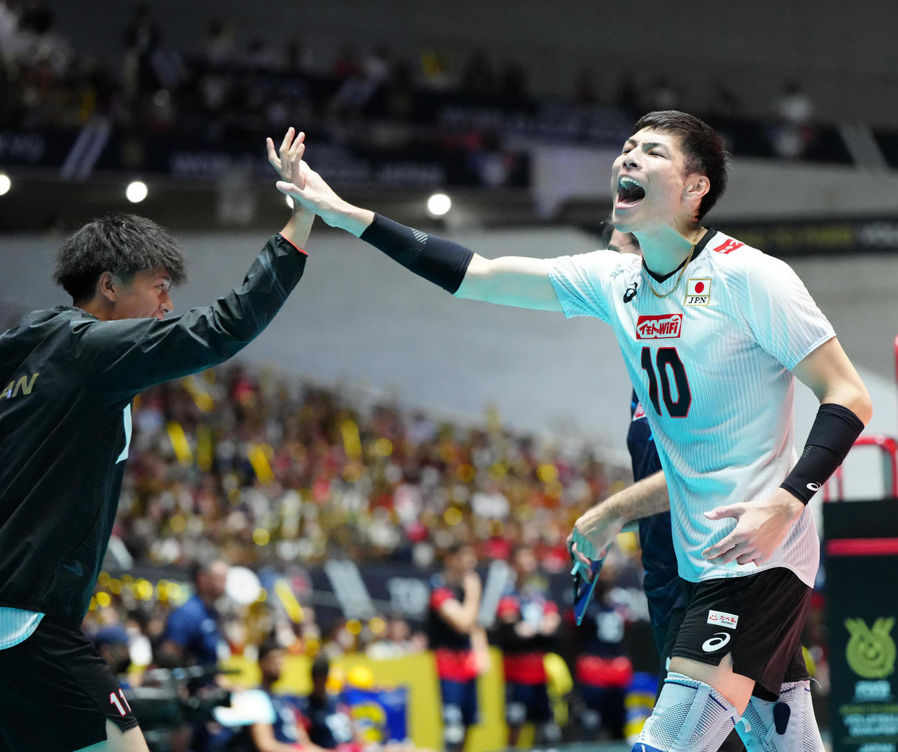 日本対チュニジア　第3セット、タッチを交わす高橋健（右）（撮影・江口和貴）