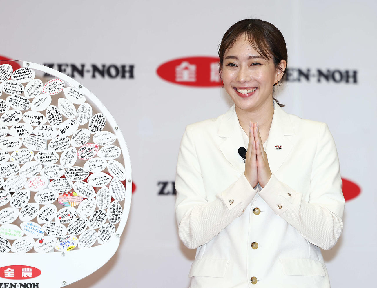 「全農オフィシャルアンバサダー就任式」及び職員交流イベント「感謝の会」に臨む石川佳純さん（撮影・河田真司）