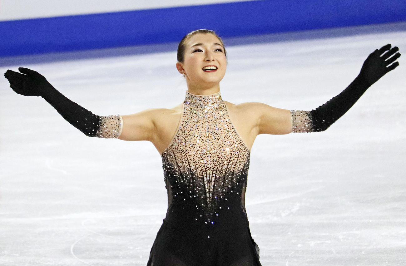 女子フリーの演技を終え、晴れやかな表情の坂本花織（共同）