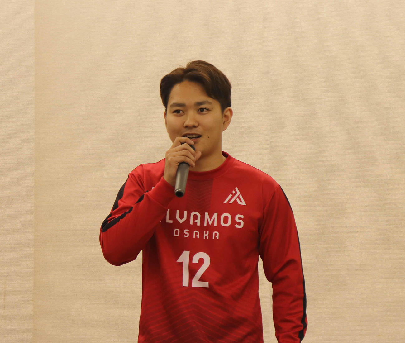 会見に出席したGK山本孝樹（撮影・竹本穂乃加）＝2023年11月9日、大阪市内