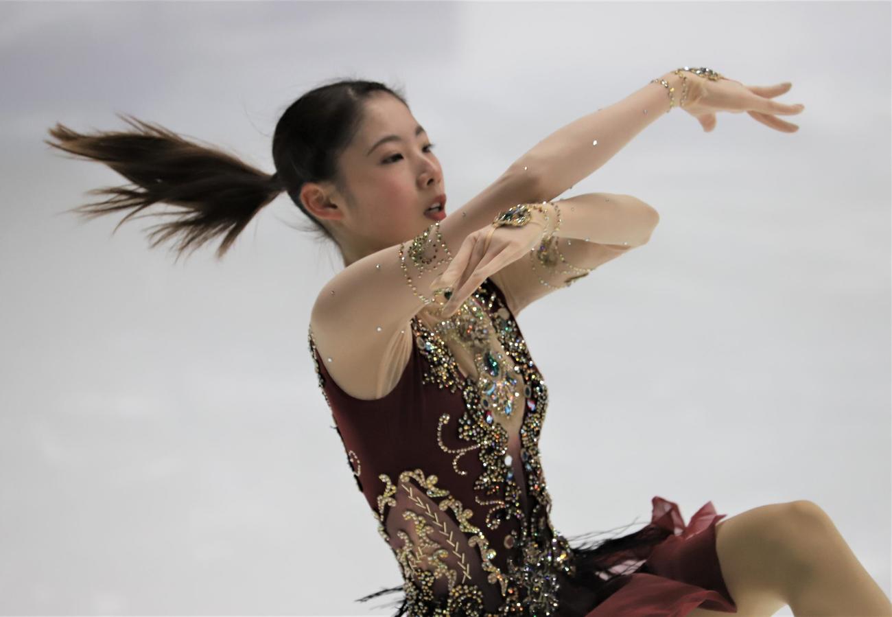 フィギュアスケートGPシリーズフィンランド大会の公式練習に臨む住吉（撮影・藤塚大輔）