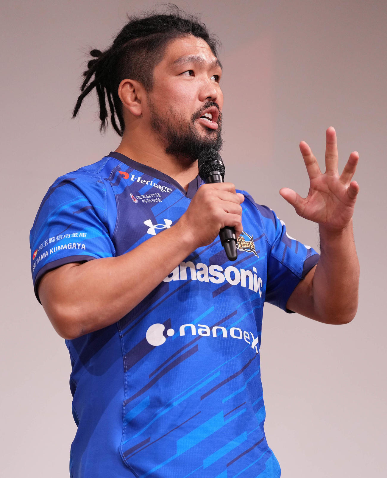 ラグビーリーグワンの開幕直前メディアカンファレンスに登壇した埼玉堀江（撮影・鈴木みどり）