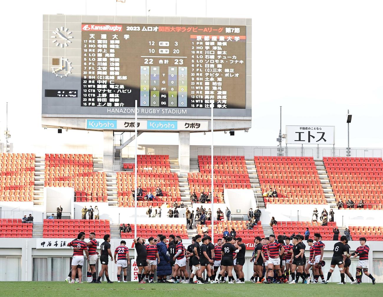 試合を終えた京産大、天理大両フィフティーンは健闘をたたえ合う（撮影・上田博志）