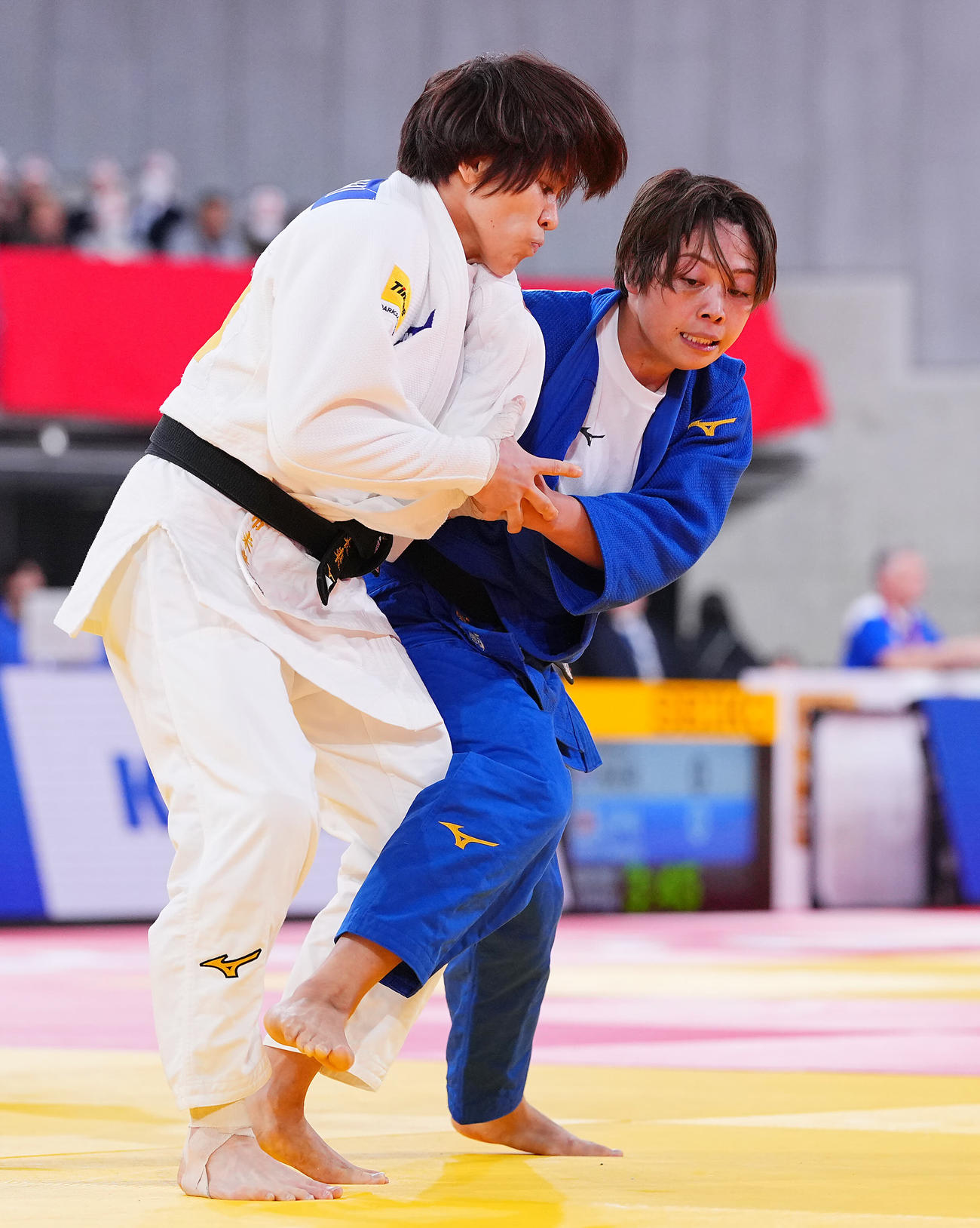 女子63キロ級、準々決勝で対戦する高市（白）と堀川（撮影・垰建太）