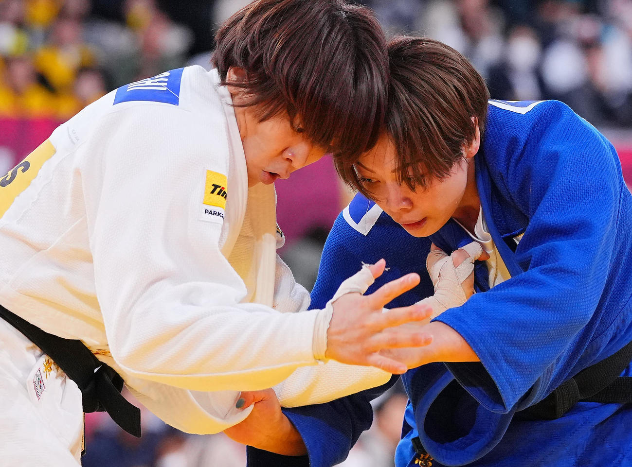 女子63キロ級、準々決勝で対戦する高市（白）と堀川（撮影・垰建太）