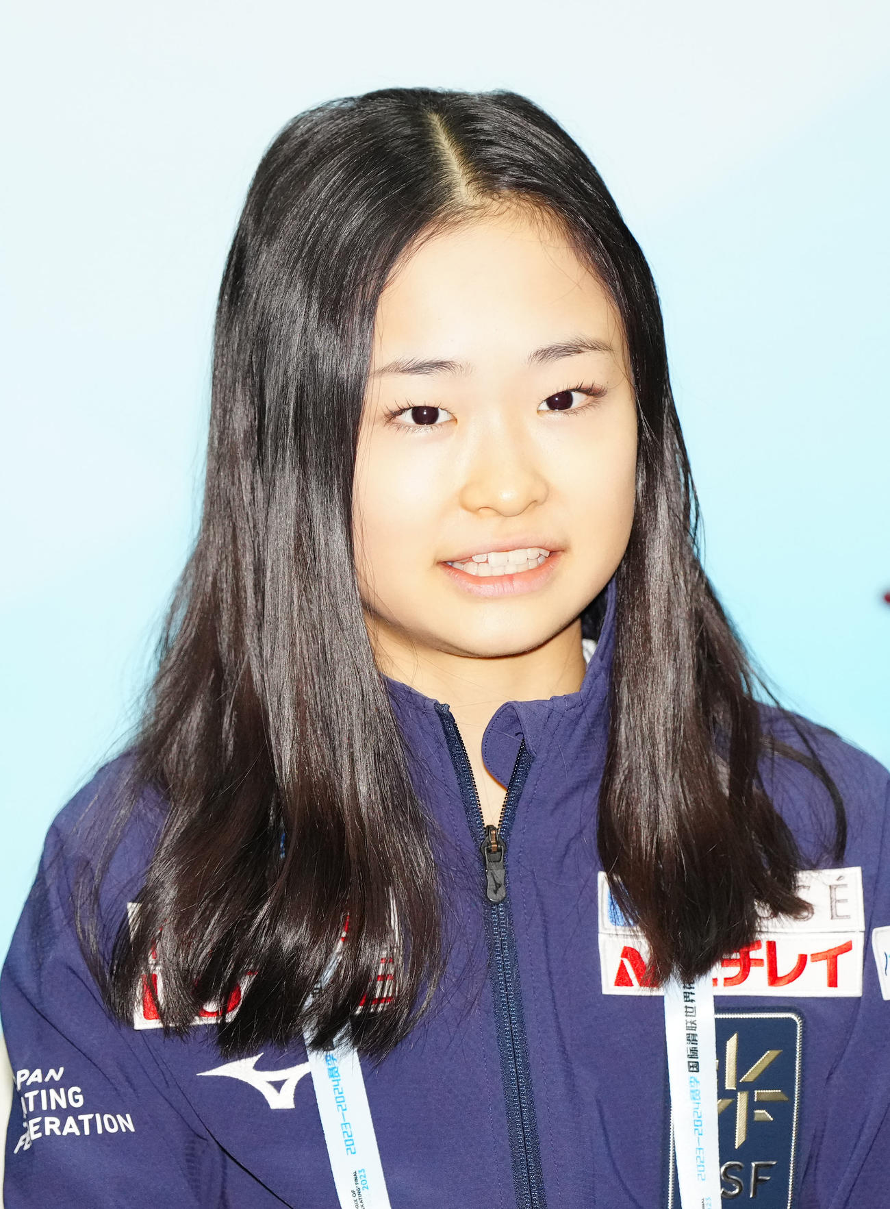 フィギュアスケートGPファイナルのジュニア女子優勝から一夜明け、報道陣に対応する島田（撮影・江口和貴）