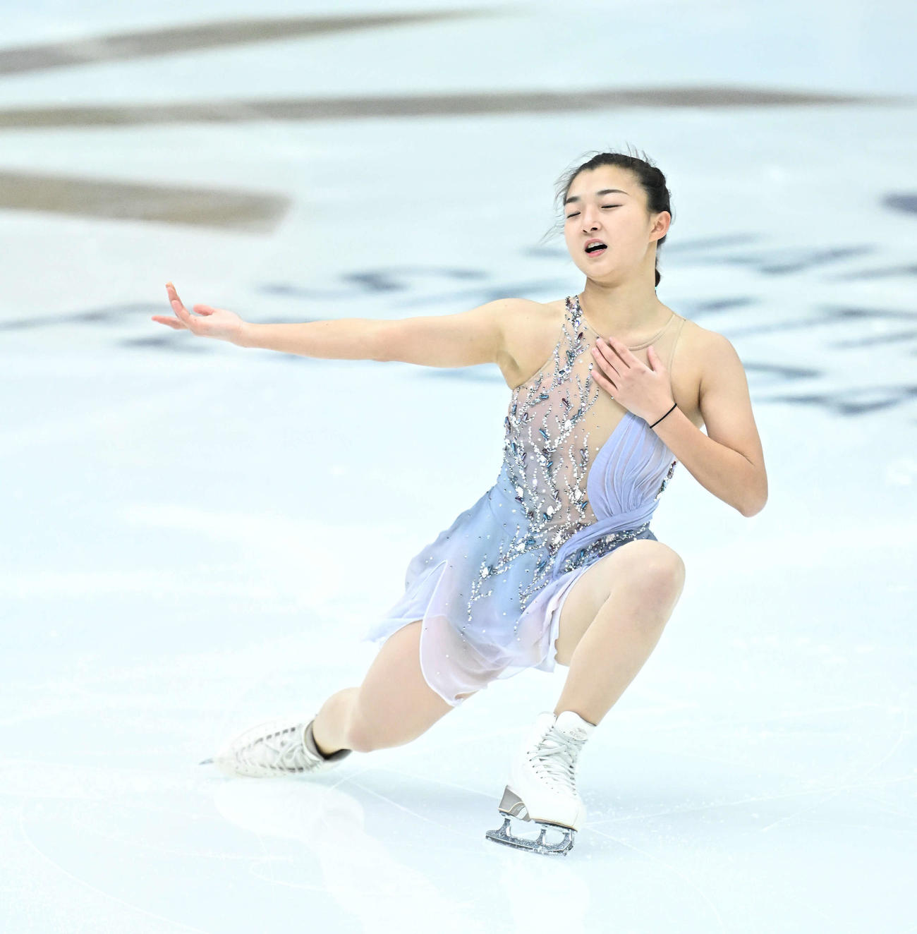 女子SPの公式練習をする坂本（撮影・滝沢徹郎）
