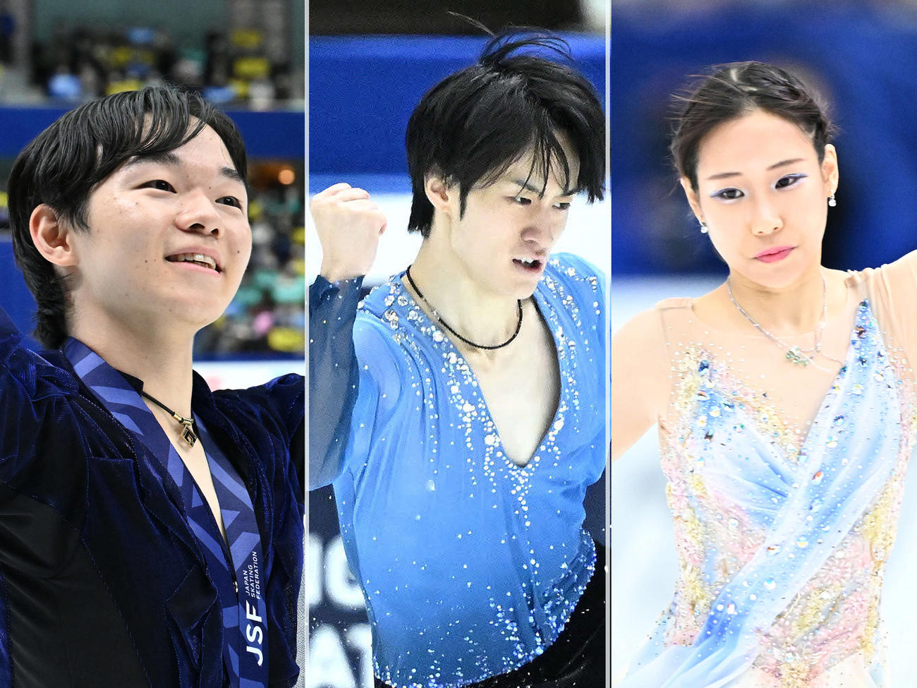 左から鍵山優真、山本草太、三原舞依