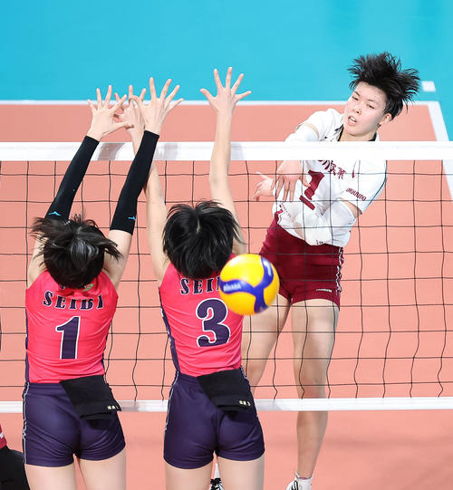 旭川実対岐阜済美　第2S、スパイクを放つ旭川実・笠井（撮影・足立雅史）
