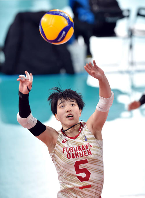古川学園対金蘭会　第1S、トスを上げる古川学園・照井（撮影・相沢孔志）