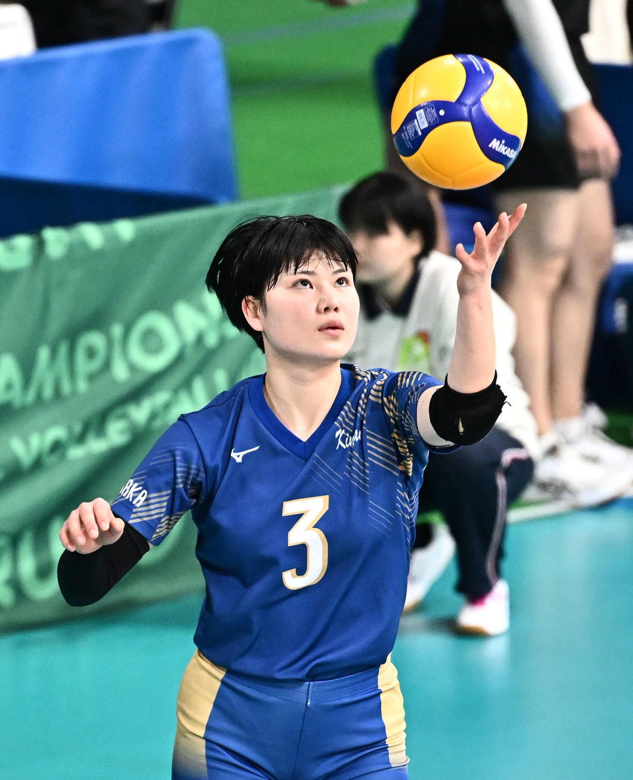 古川学園対金蘭会　サーブを放つ金蘭会・扇谷（撮影・滝沢徹郎）