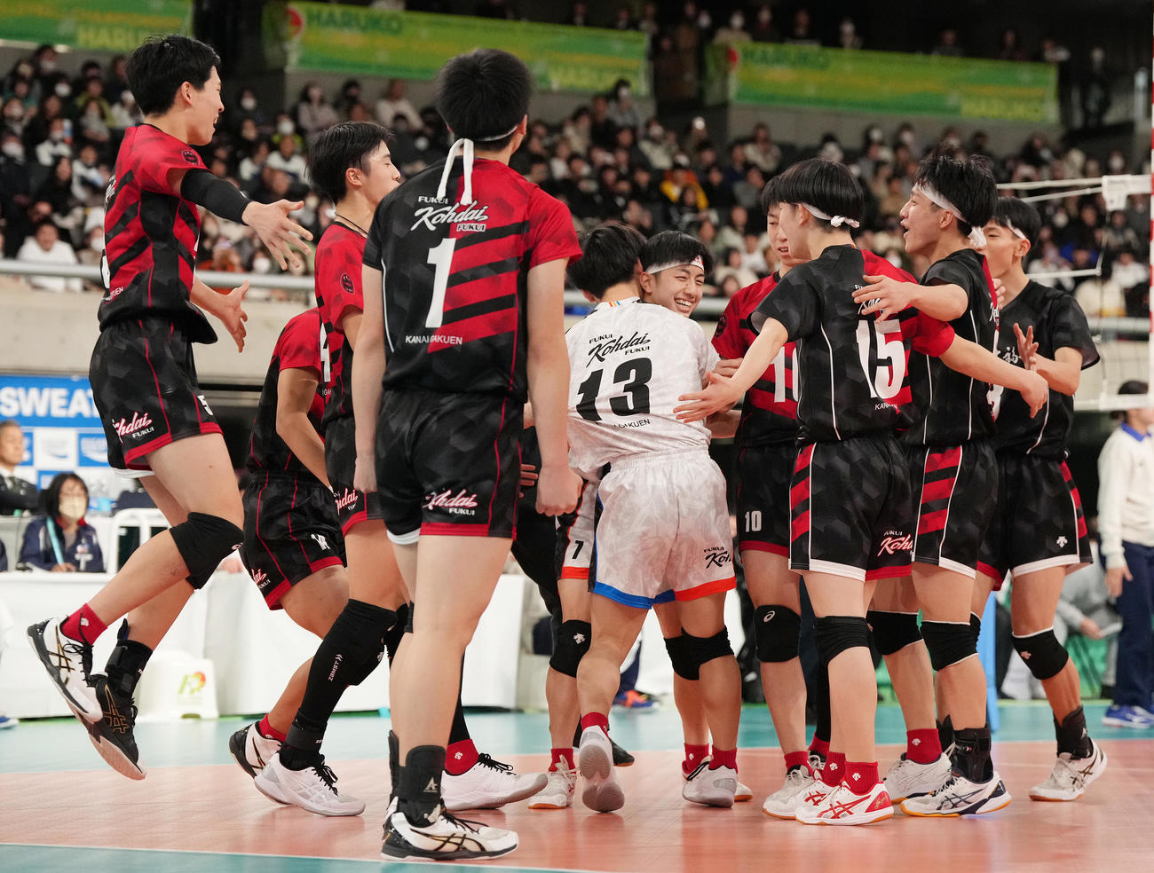 福井工大福井対鎮西　鎮西に勝利し決勝進出を決め、喜ぶ福井工大福井の選手たち（撮影・鈴木みどり）