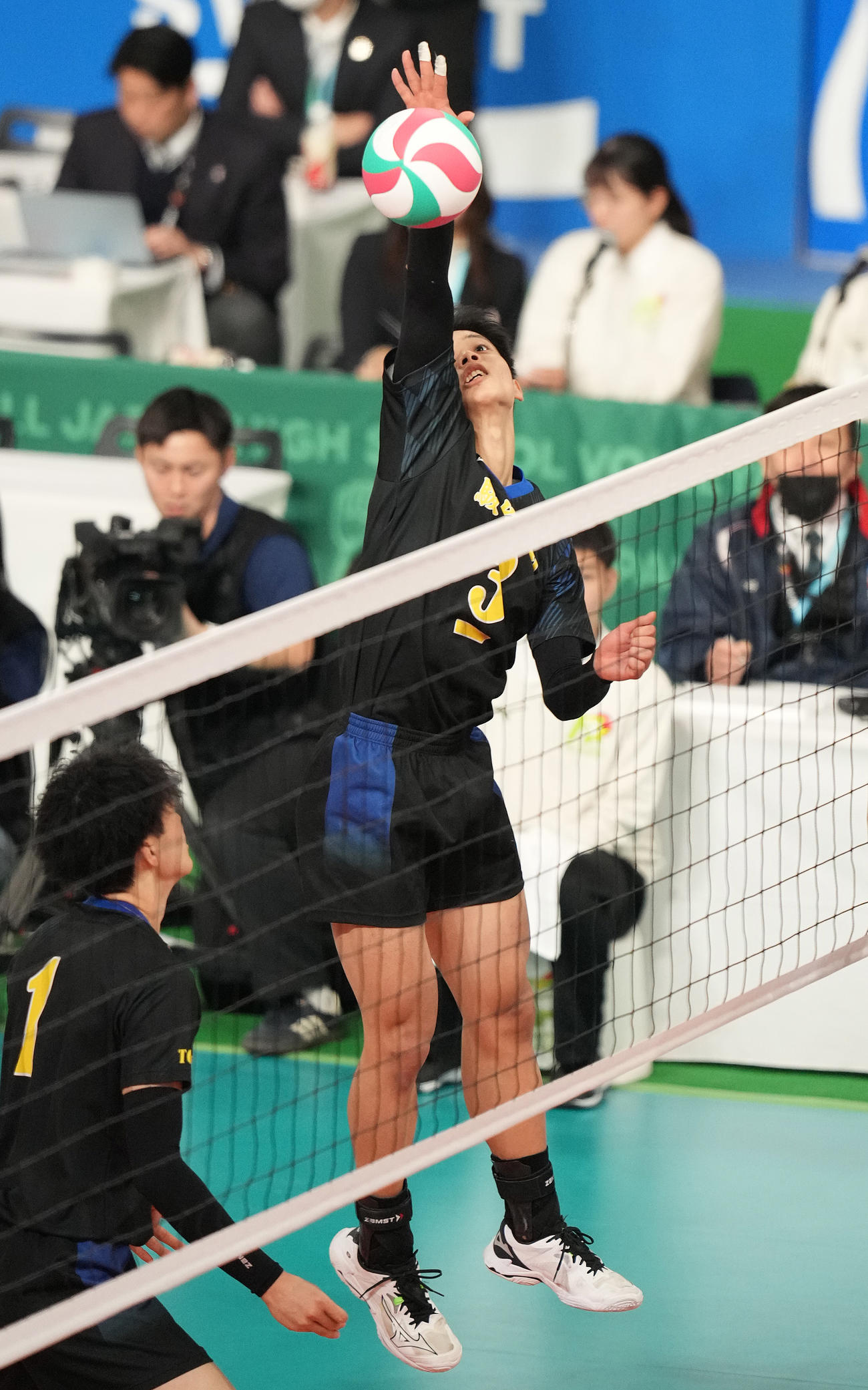 駿台学園対昇陽　第2セット、スパイクを放つ駿台学園・亀岡（撮影・鈴木みどり）