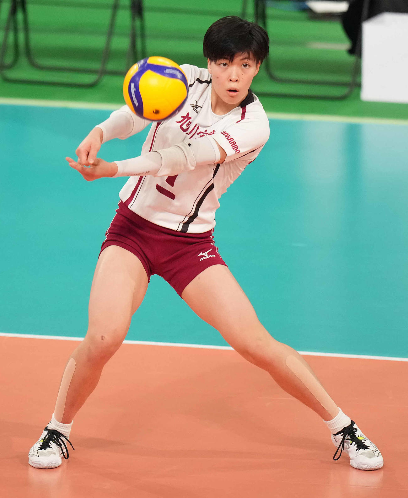 旭川実対下北沢成徳　第2セット、レシーブする旭川実・笠井（撮影・鈴木みどり）