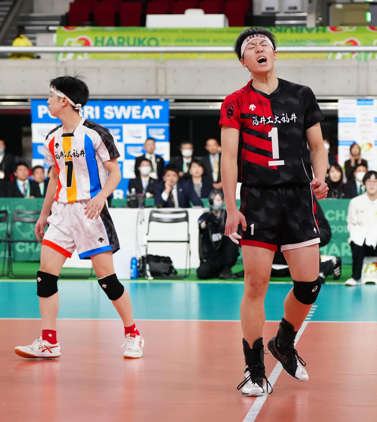 男子決勝　駿台学園対福井工大福井　第1セット、厳しい表情を見せる福井工大福井・堤（右）（撮影・江口和貴）