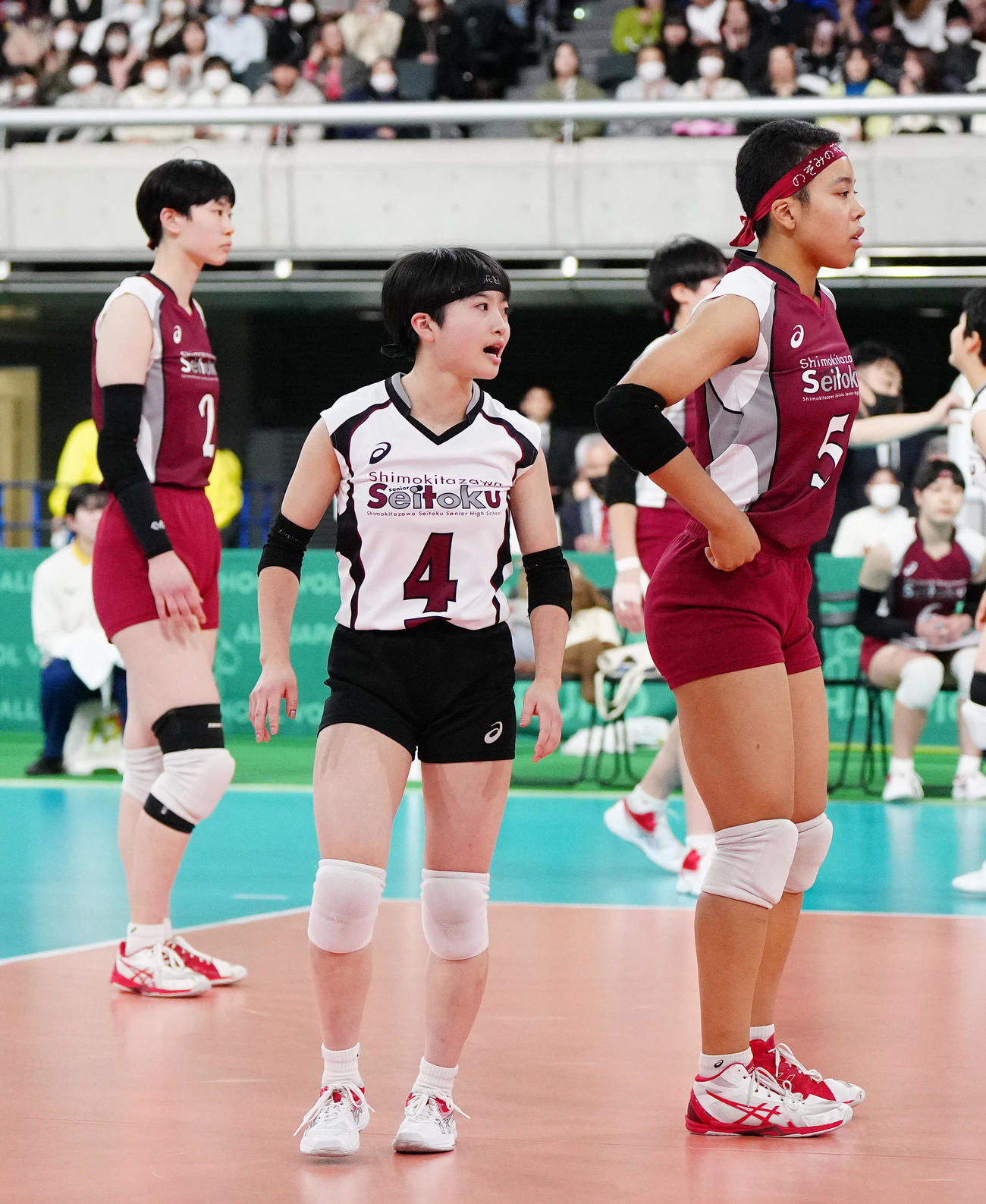 女子決勝　就実対下北沢成徳　第1セットに臨む下北沢成徳・内沢（中央）（撮影・江口和貴）