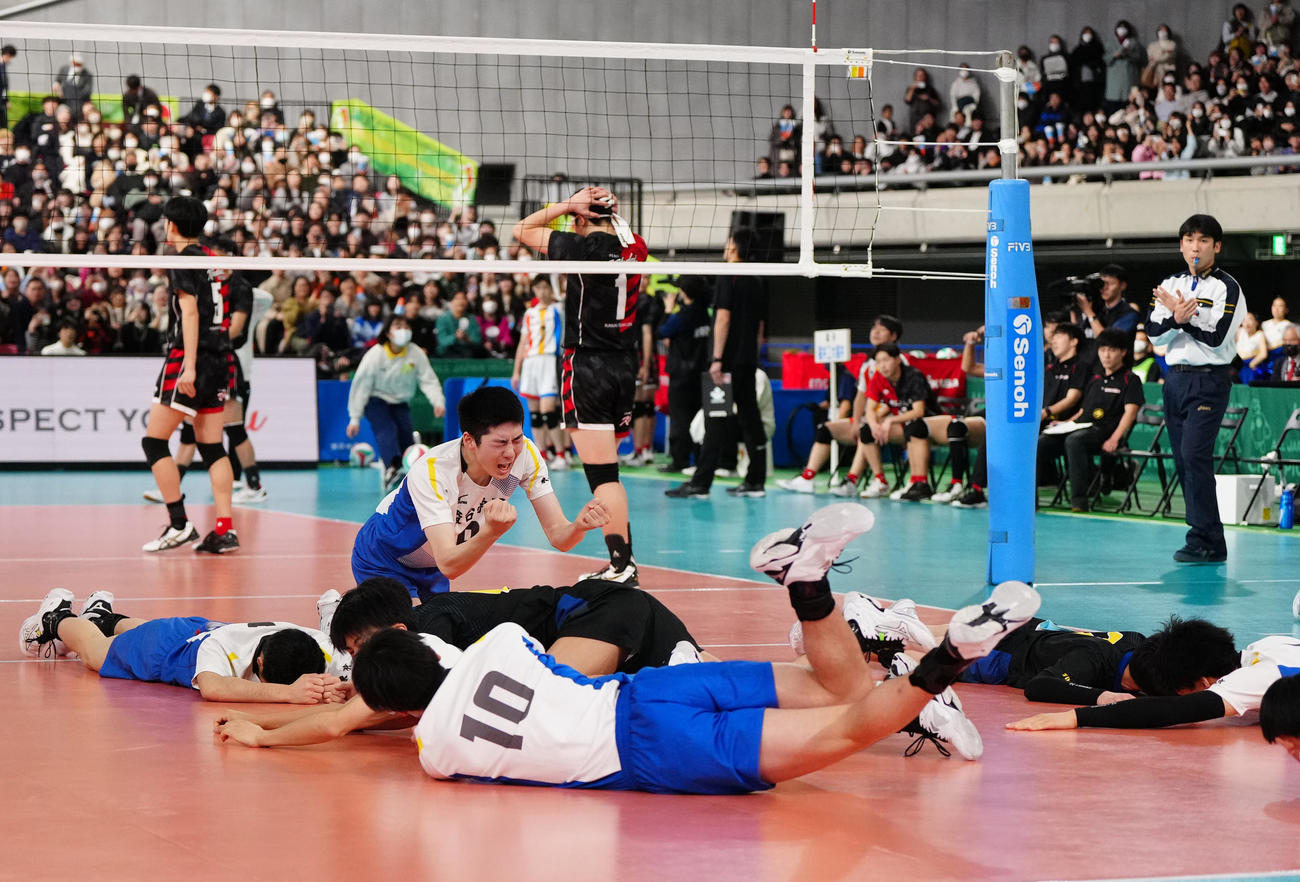 駿台学園対福井工大福井　第3セット、優勝を決め、コートに倒れ込んで喜ぶ駿台学園の選手たち（撮影・江口和貴）
