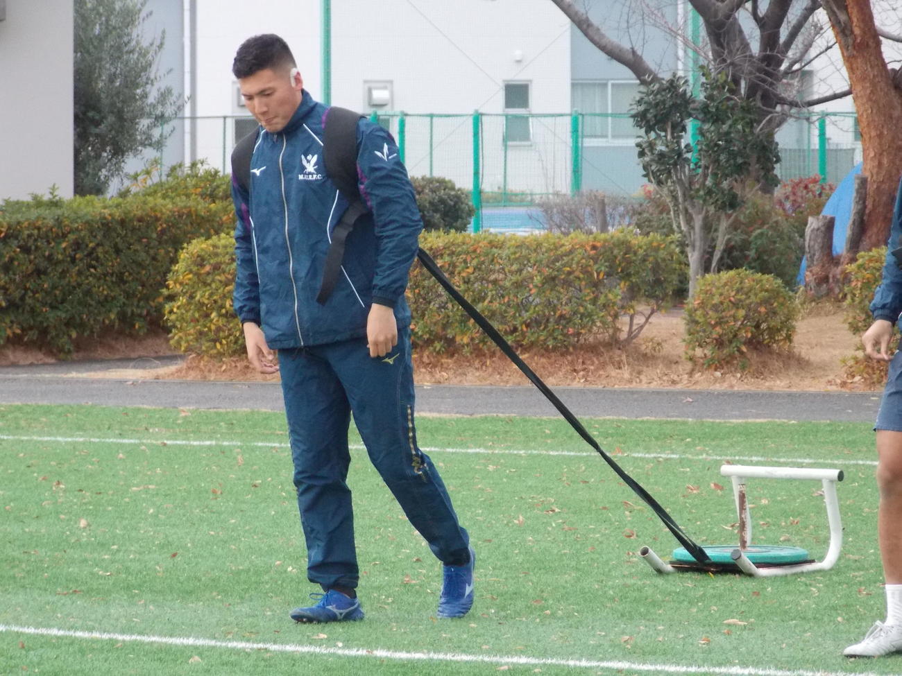 帝京大戦2日前の練習で重りを引く明大FB池戸将太郎（撮影・松本航）