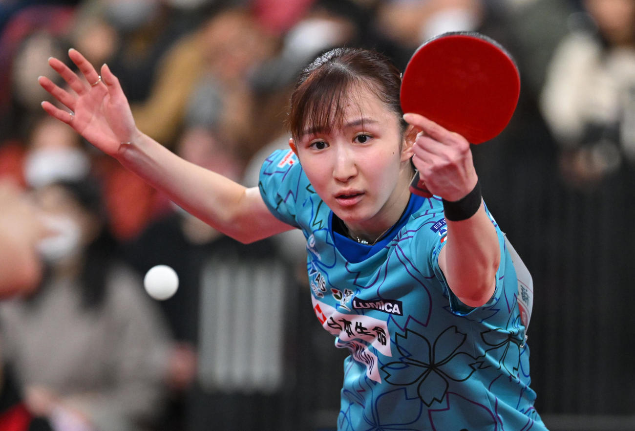 女子シングルス準々決勝で長崎に勝利した早田（代表撮影）