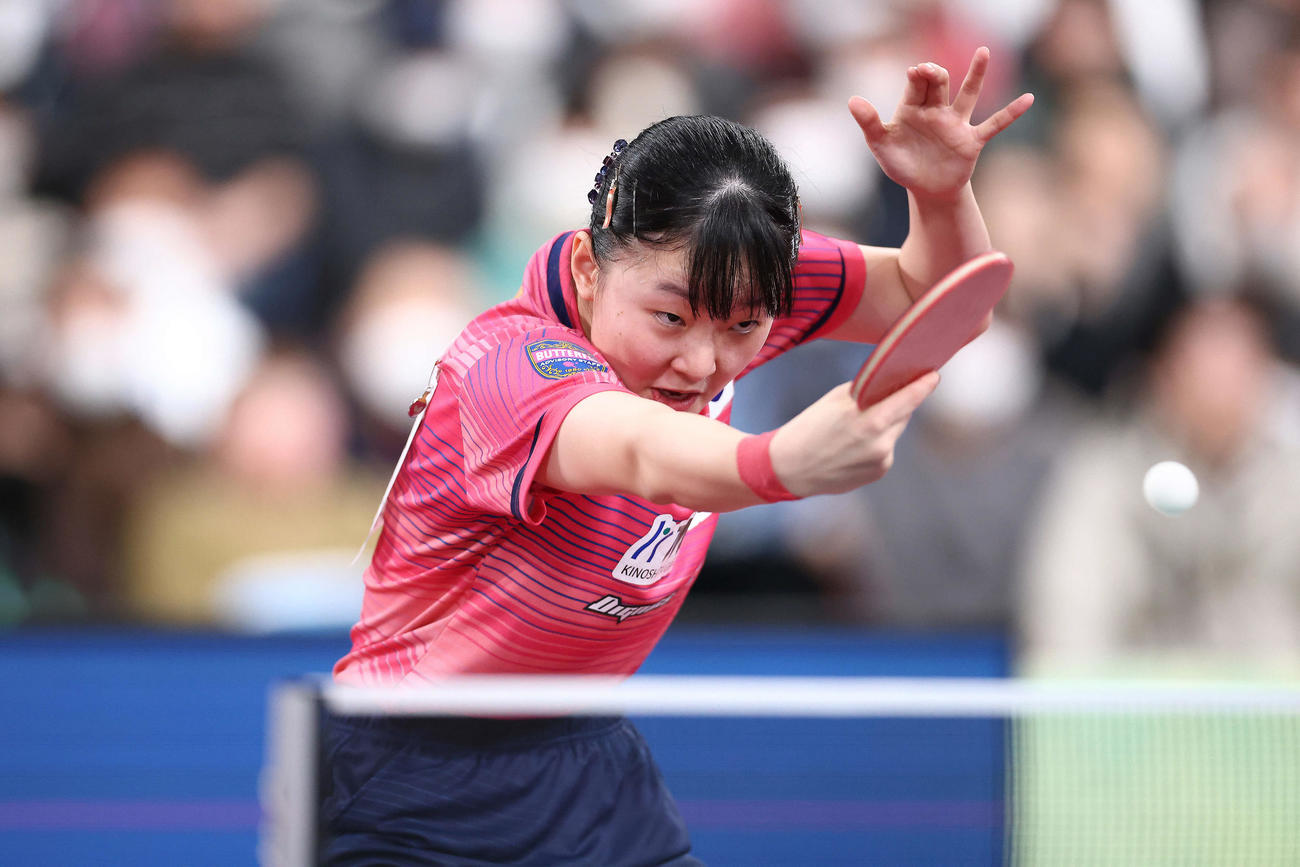 女子シングルス決勝　バックハンドで攻める張本（撮影・河田真司）