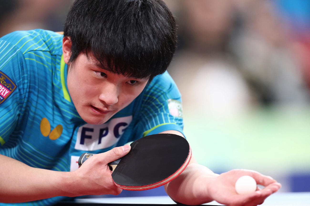 男子シングルス決勝　集中する張本（撮影・河田真司）