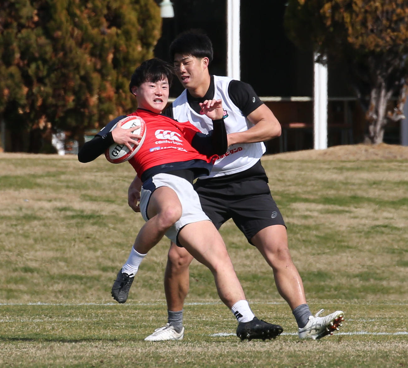男子15人制トレーニングスコッド福岡合宿に参加するSH土永（左）、右はFB矢崎（撮影・冨田成美）