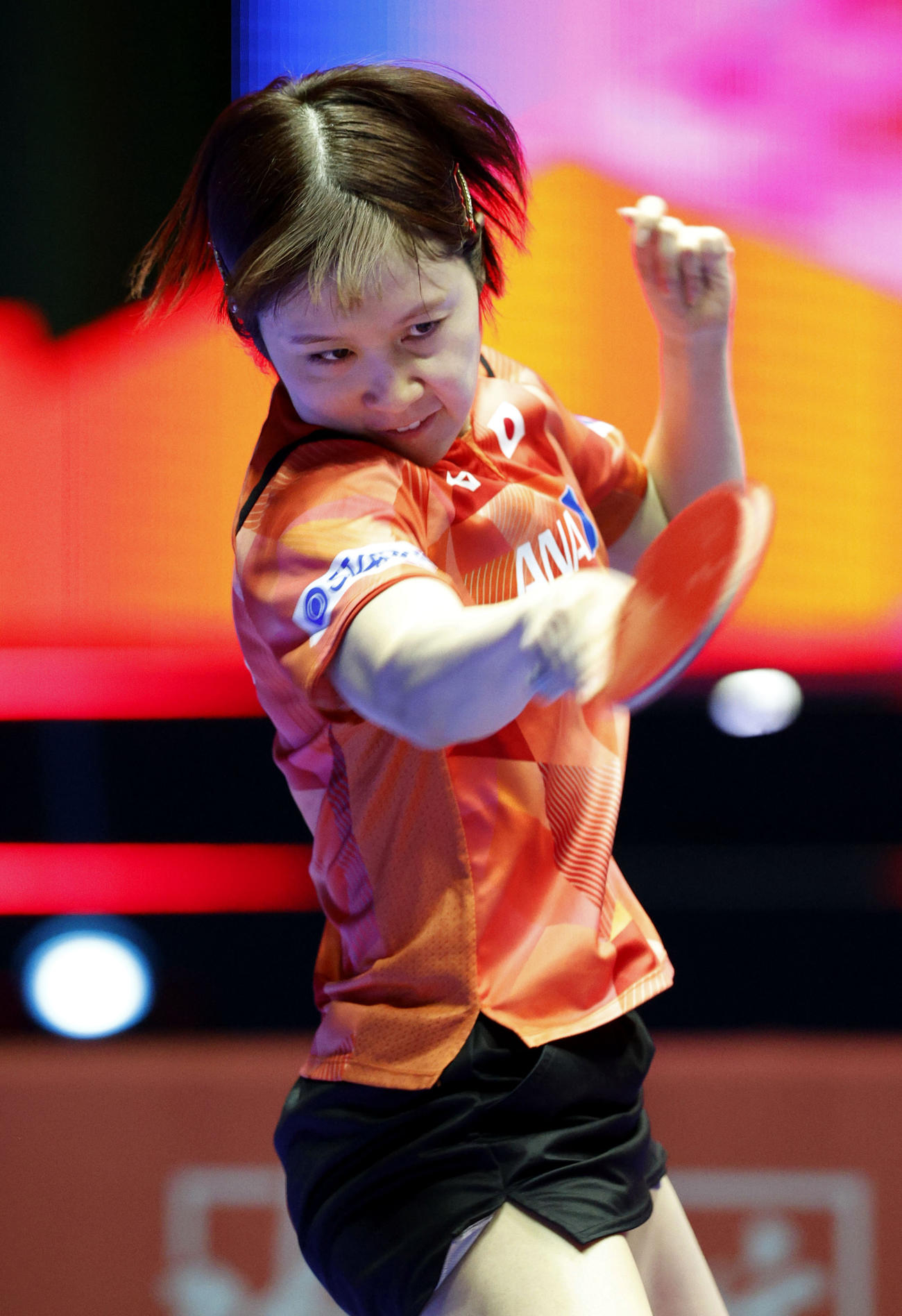 女子1次リーグ　イラン戦でプレーする平野美宇（共同）