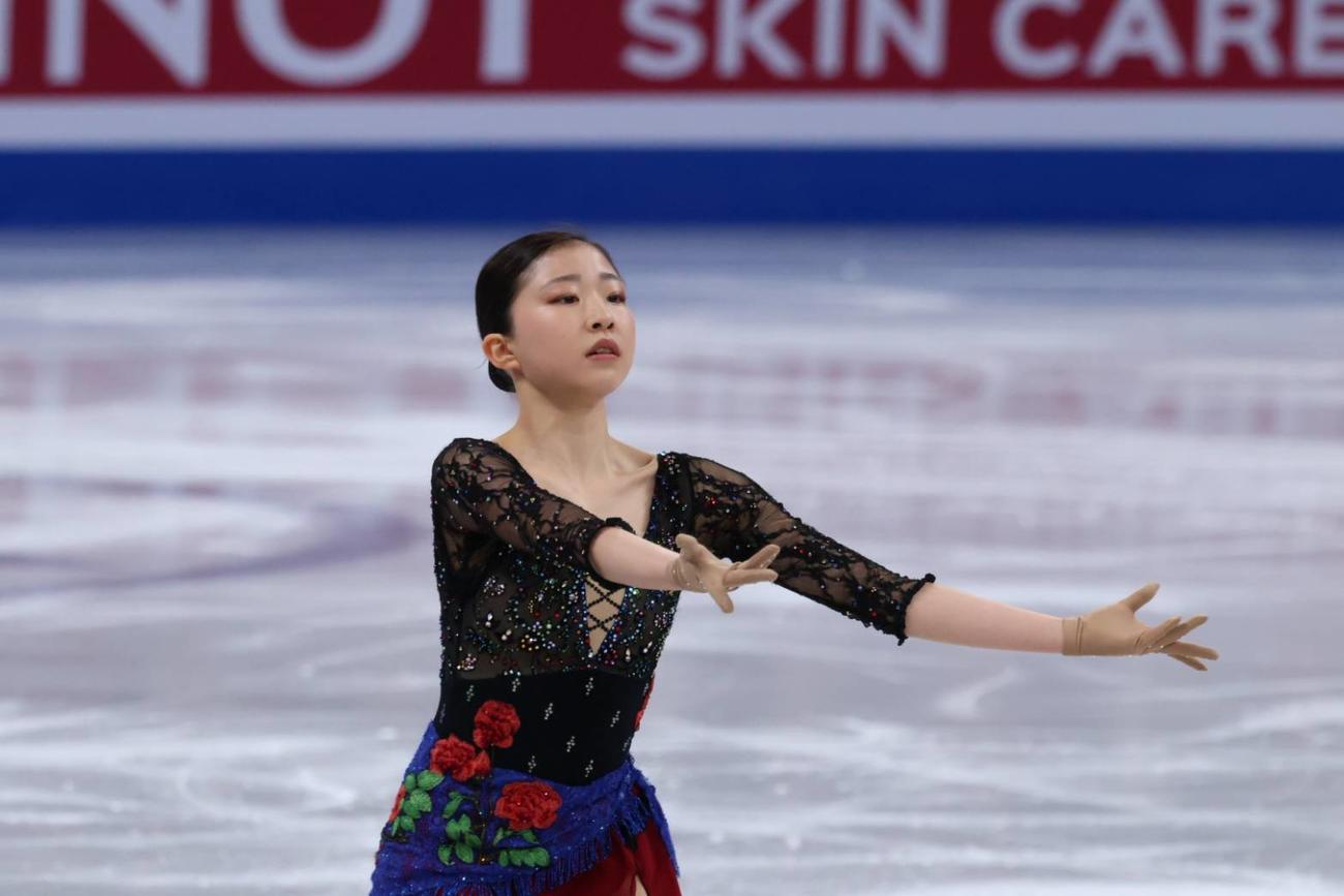 世界選手権女子SP　演技を行う千葉百音（撮影・阿部健吾）