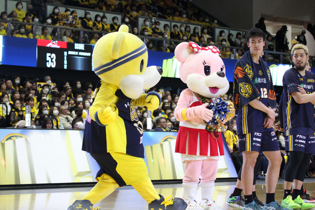 ちょっかいを出して高島選手ににらまれる宇都宮のマスコット、ブレッキー