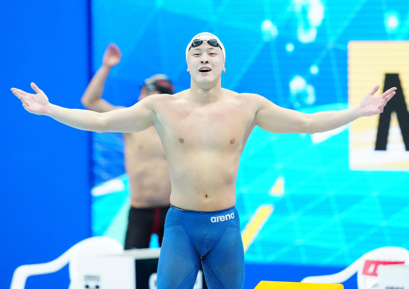 パリ五輪代表選考会の男子100メートル平泳ぎ決勝を終えた谷口（撮影・江口和貴）