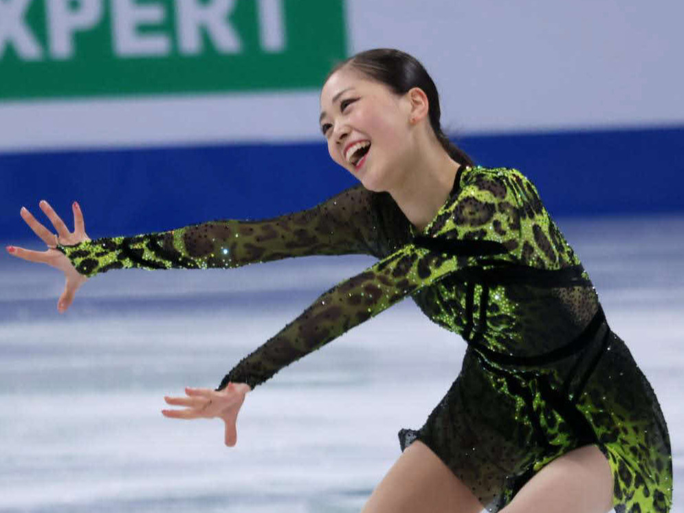 世界選手権女子SP　笑顔で演技する吉田陽菜（撮影・阿部健吾）