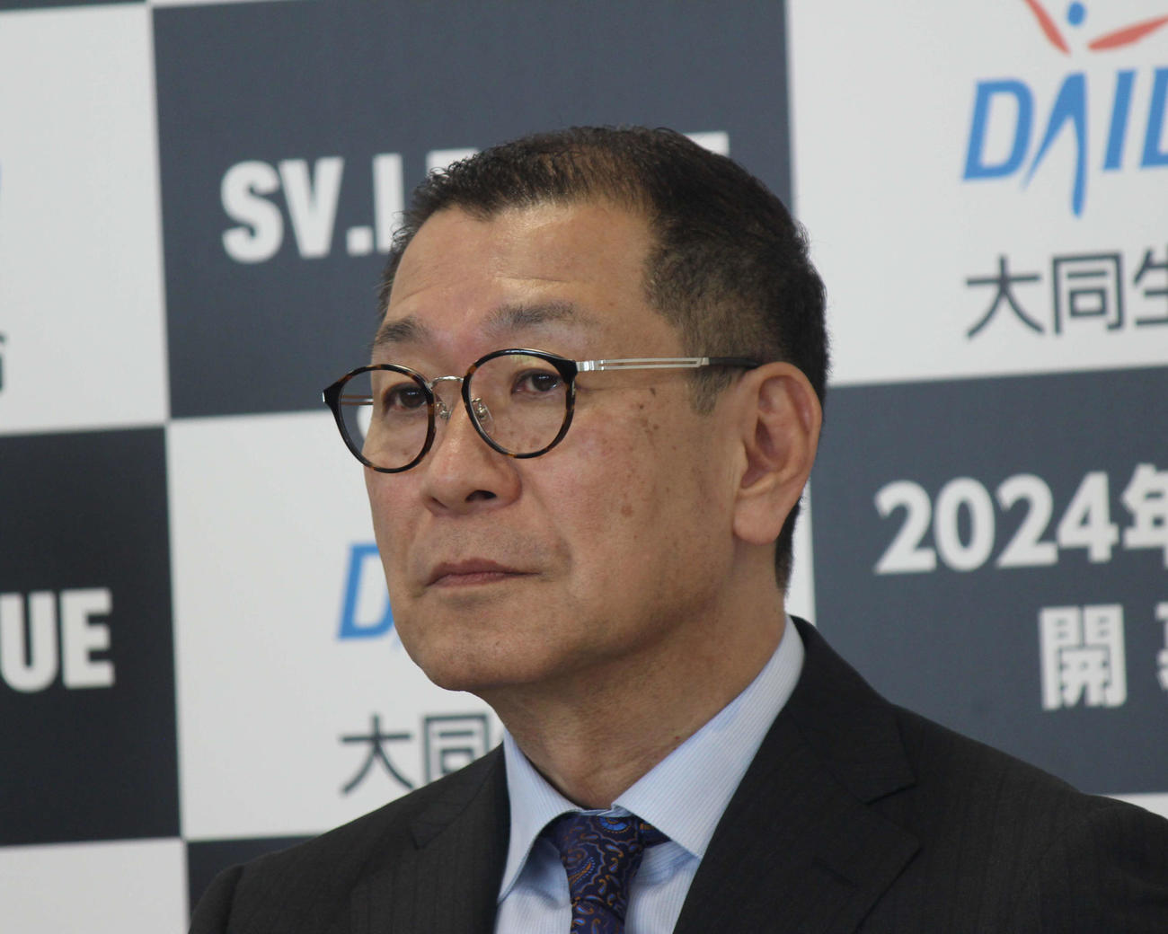 会見に出席したJVLの大河正明バイスチェアマン（撮影・勝部晃多）