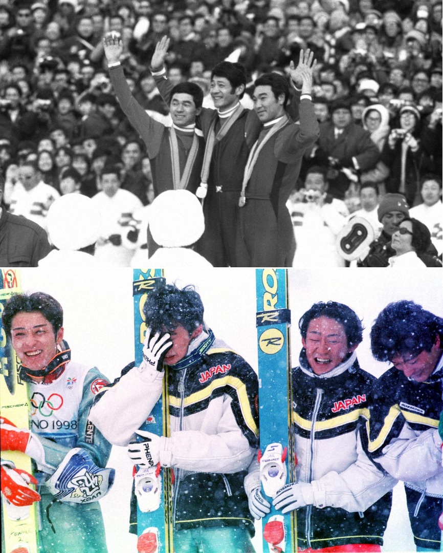 上の写真は、札幌五輪スキージャンプ70メートル級で金銀銅を独占した日の丸飛行隊。左から金野昭次、笠谷幸生、青地清二（1972年2月6日）、下の写真は、26年後の長野五輪ジャンプ団体で金メダルを獲得した日の丸飛行隊。フラワーセレモニーで涙を見せ顔を覆う原田雅彦（左から２人目）と、左から船木和喜、（１人おいて）岡部孝信、斉藤浩哉（1998年2月17日）
