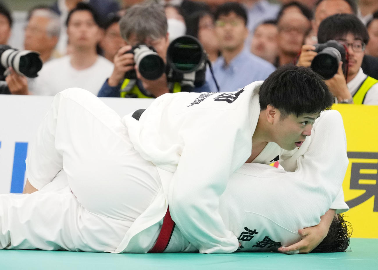飯田（下）に一本勝ちする阿部（撮影・横山健太）